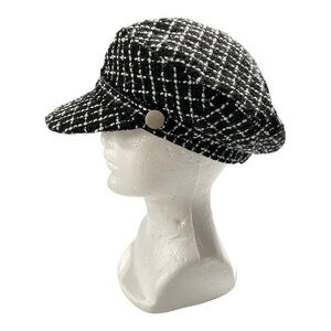 Time & TRU Women's Plaid Black White Sparkle Cabbie Hat Newsboy Cap Elastic Fit
